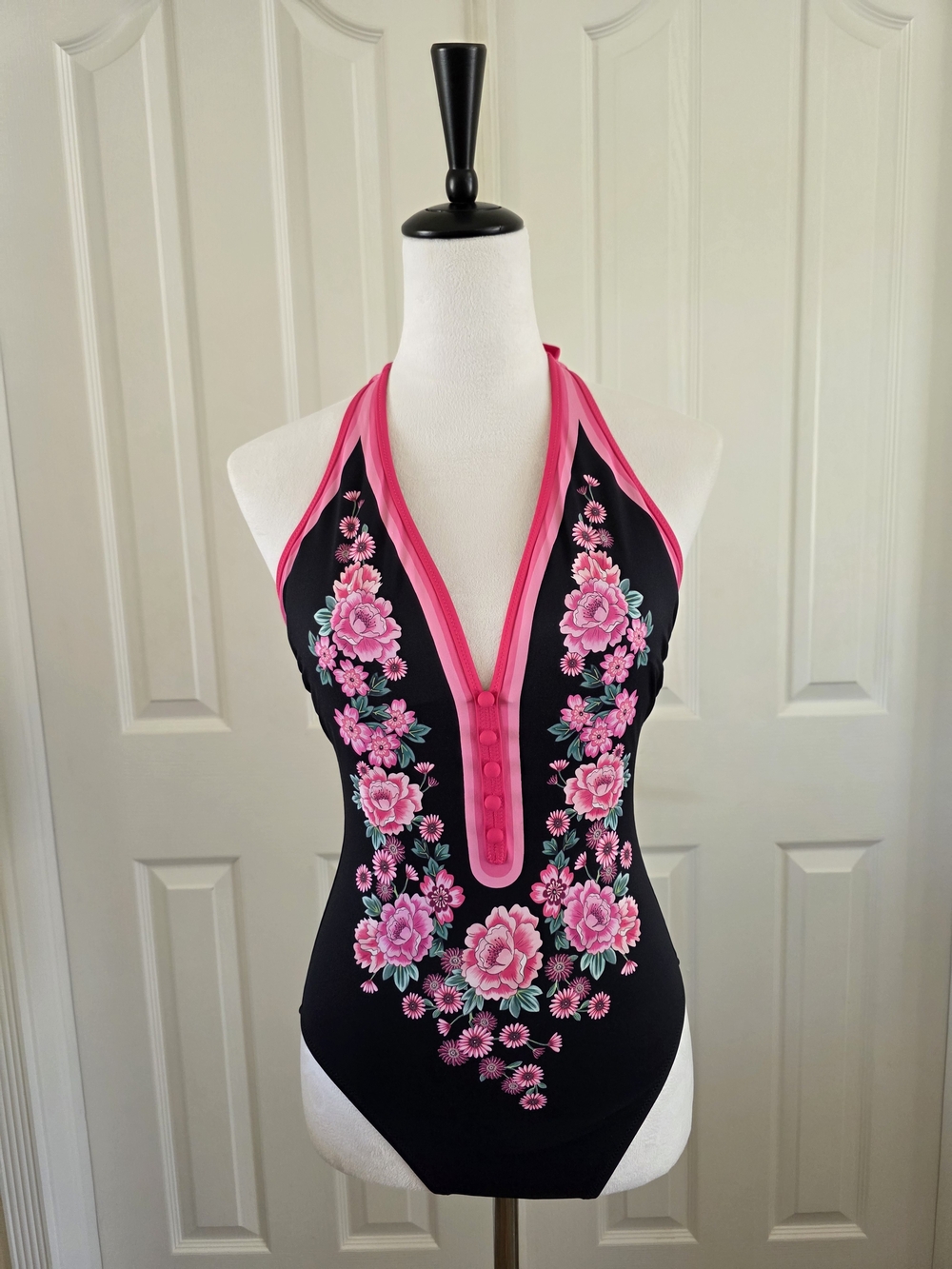 Johnny Was Blum Floral Halter One Piece Swimsuit Black Pink Floral Size M - Picture 10 of 14
